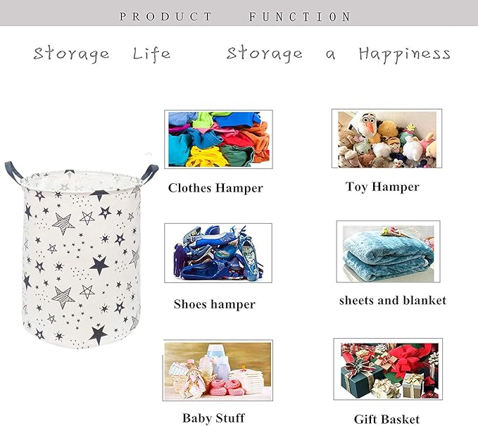 KUNRO Round Laundry Gift Basket Storage Hamper, Kids Toys and Clothes Storage Organizer Bins, Toy Shelf Basket with Handles for Room Decor (Black Star)