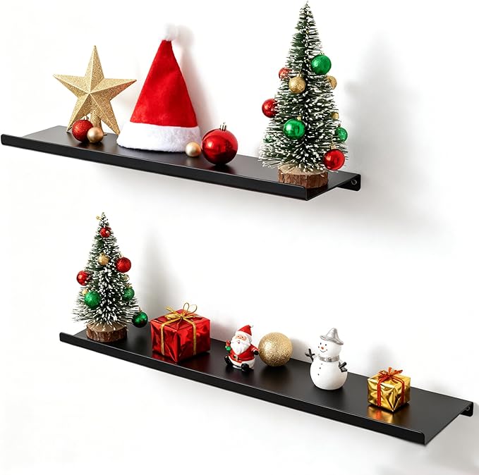 SRIWATANA Black Metal Wall Shelves, 2 Set Floating Shelves for Bedroom, Living Room, Bathroom, Kitchen - Matte Black