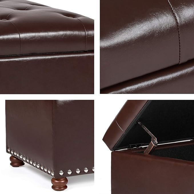 Asense Faux Leather Rectangular Hinged-lid Storage Ottoman, Button Tufted Upholstered Bench, Brown