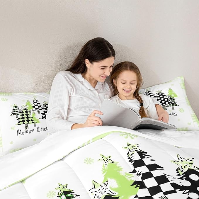 Manfei Xmas Trees Comforter Set King Size, Green Plaid Grid Snowflake Bedding Set 3pcs for Kids Girls Adults Bedroom Decor, Christmas Theme Down Comforter New Year Quilt Set with 2 Pillowcases