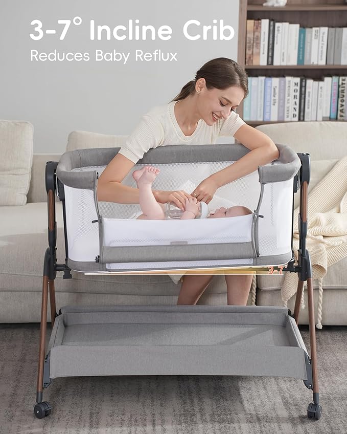 Baby Bassinet - Bassinet Bedside Sleeper,3-in-1 Bedside Bassinets for Baby,Rocking Bassinet with Mattress,Wheels,All Mesh Sides& Storage,6 Height Adjustable Crib,ASTM Certified(Mesh Grey)