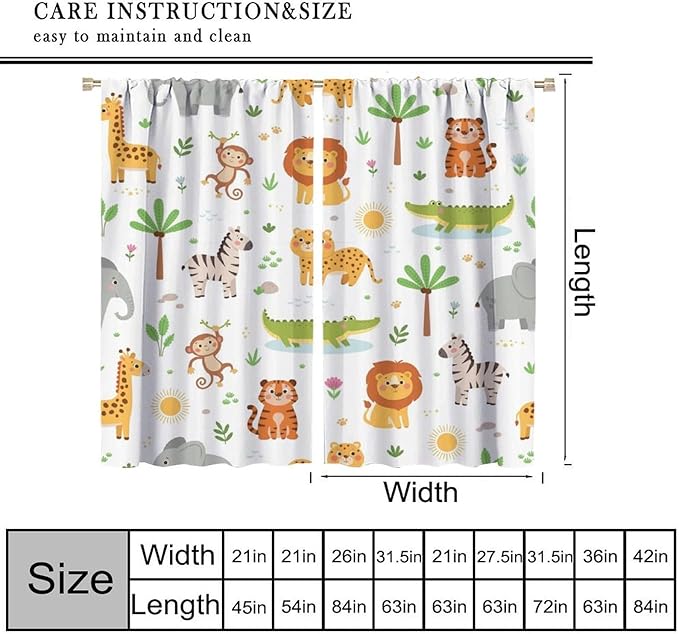 Cartoon Animal Curtains, Safari Woodland Jungle Forest Wildlife Blackout Window Treatments, Rod Pocket Thermal Insulated Drapes 2 Panel Sets for Kids Bedroom Nursery Classroom, 63" W X 63" L