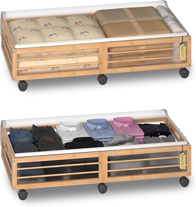 Bamboo Underbed Storage Containers with Wheels & Bag 2 Pack, Large Under Bed Rolling Storage Bins Wood Under Bed Clothes Storage Stackable Drawers for Bedroom Closet Under Crib Toy(Natural)