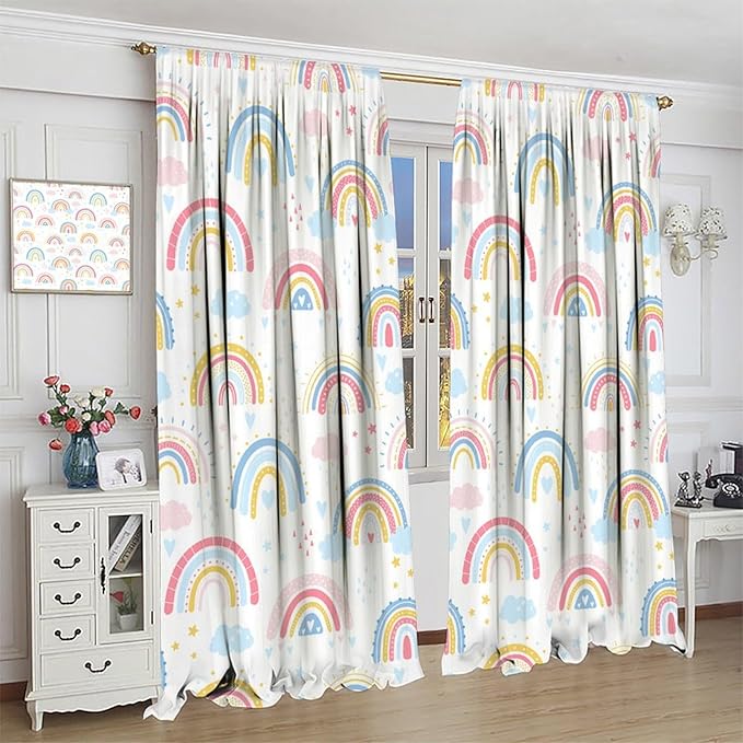 Kids Rainbow Curtains Boho Cartoon Colorful Stars Love Heart Lovely Abstract Art Pattern Print Window Drapes for Girl Bedroom Living Room Kitchen Decor,2 Panel Set,42Wx63H Inch Blackout