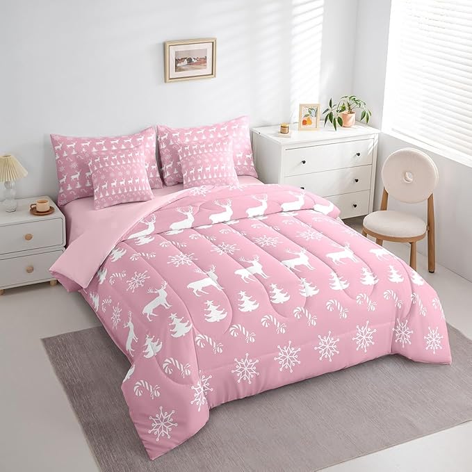 Erosebridal Christmas Full Bedding Set 7 Piece,Xmas Elk Deer Bed in A Bag,Candy Snowflake Comforter Set Pine Tree Woodland Animals Sheet Set with Comforter,Pink Christmas Decoration