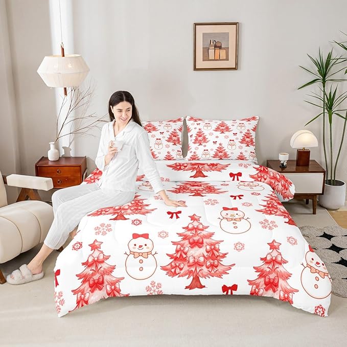 Feelyou Merry Christmas Comforter Set Full Size Cute Snowman Bedding Set for Kids Boys Girls Cartoon Bowknot Duvet Quilt Christmas Tree Microfiber 3 Pcs with 2 Pillow Cases