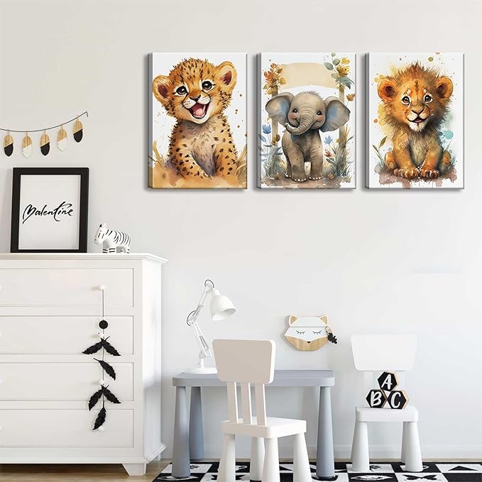 HKMXCD 3Pcs Baby Safari Animal Canvas Wall Art Jungle Watercolor Animal Wall Decor Picture Lovely Painting Artwork Kids Room Prints for Boy Girl Room Home decoration 16x24in