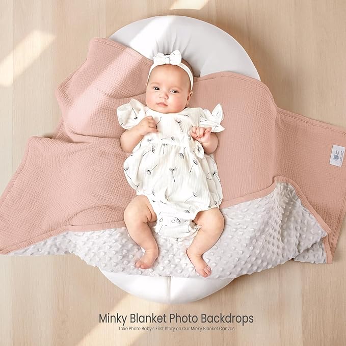 lulumoon Muslin Baby Blanket for Girls: Minky Dot Backing Thermal - Newborn Blanket for Baby Shower & Registry Gift 30"x40"(Pink)