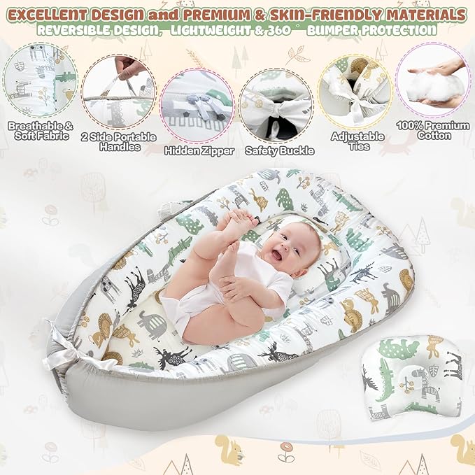 JIFTOK Baby Nests Lounger for Newborn, Snuggle Sleeping Bassinet for 0-24M, Breathable Portable Co Sleeping Bed, Baby Essentials Adjustable Infant Soft Cotton Loungers for Home & Travel -Zoo
