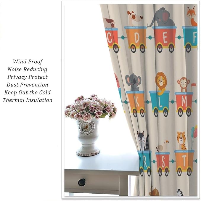 Kids Alphabet Curtains Funny Trains Letter Education School Cute Cartoon Animal Printed Curtain with Rod Pocket for Bedroom Living Room Drapes Window Treatments 2 Panels Set 42" W X 63" L