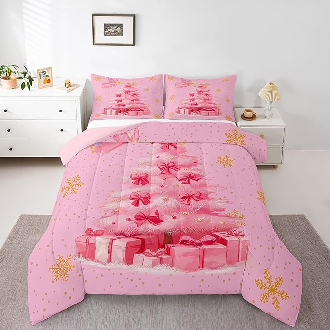 Erosebridal Xmas Tree Full Bedding Sets Merry Christmas Comforter Sets for Kids Boys Girls Teens Snowflake Decorations Down Comforter Princess Bow Pink Decor Duvet Insert