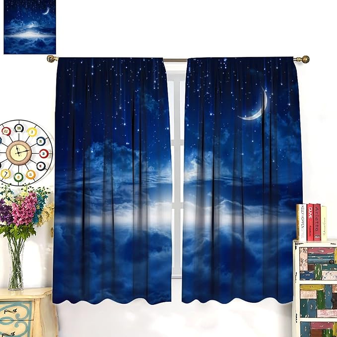 Star Night Sky Blackout Curtains, Moon Foggy Clouds Landscape Theme Print Window Drapes for Kids Girls Bedroom Living Room 42" W X 54" L
