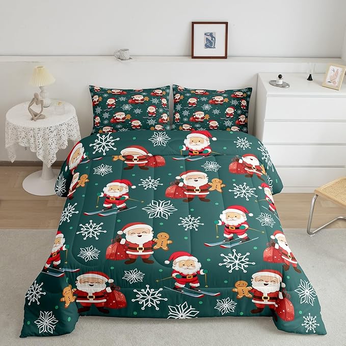 Erosebridal 7Pcs Cartoon Santa Claus Comforter Set King Size,Xmas Gingerbread Bedding Set,Christmas Snowboard Snowflake Bed in A Bag,Cute Christmas Ornaments Quilt with Flat Fitted Sheet