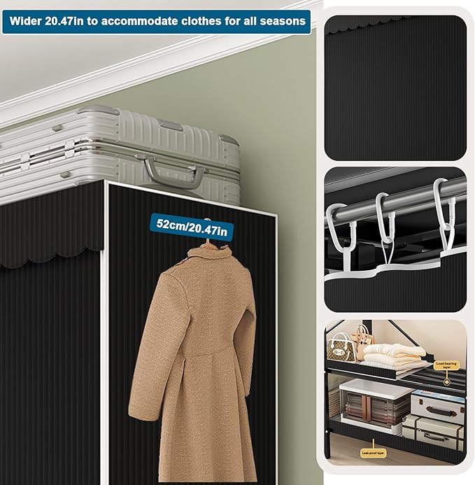 FPIGSHS Heavy Duty Clothes Rack with Cover Foldable Covered Clothes Rack for Hanging Clothes portable Wardrobe Closet System Freestanding Coat Storage Garment Racks for bedroom (black, 95in)