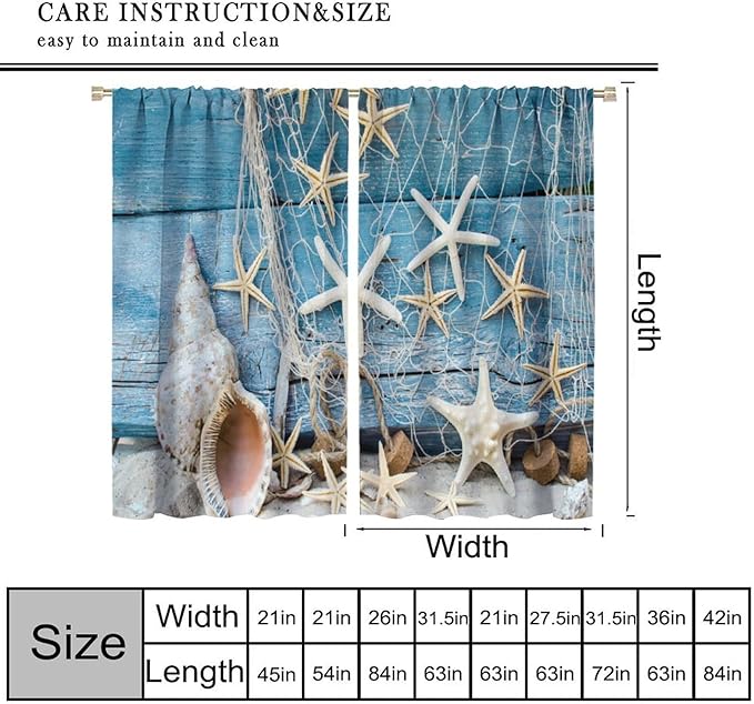 Marine Life Blackout Curtains Watercolor Water Grass Shell Print Curtains for Living Room Bedroom Privacy Curtains 42x63 Inches