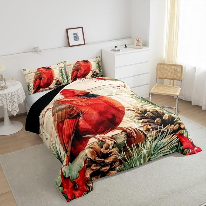 jejeloiu Kids Red Cardinal Comforter Set Full Size Christmas Theme Bedding Set for Boys Girls Teens Xmas Birds Winter Rustic Wood Plank Animal Duvet Quilt Room Decor