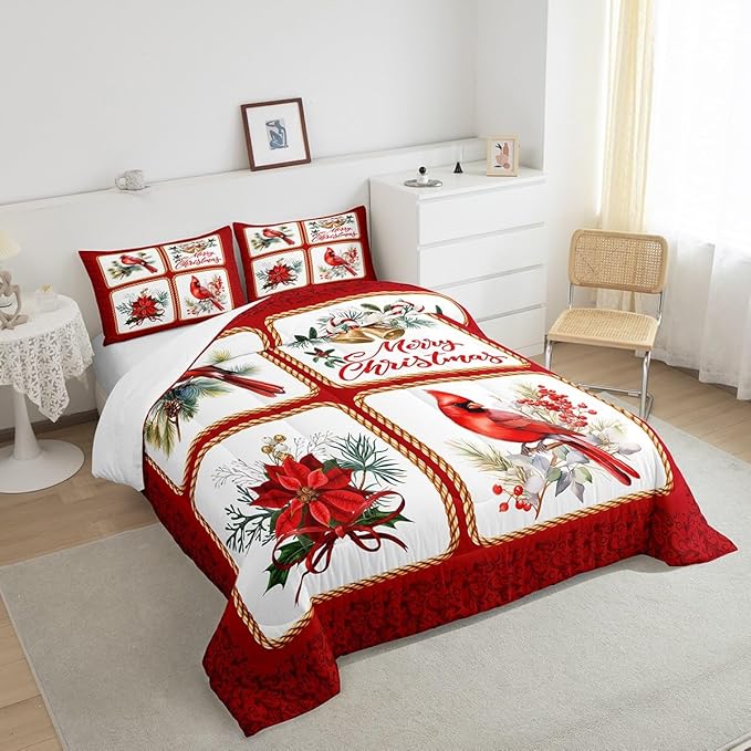 Castle Fairy Christmas Comforter Set King Size,Xmas Cardinals Floral Bells Checkered Bedding Set All Season Quilt Set,Cute Bird Watercolor Red Geometric Microfiber Polyester Down Comforter