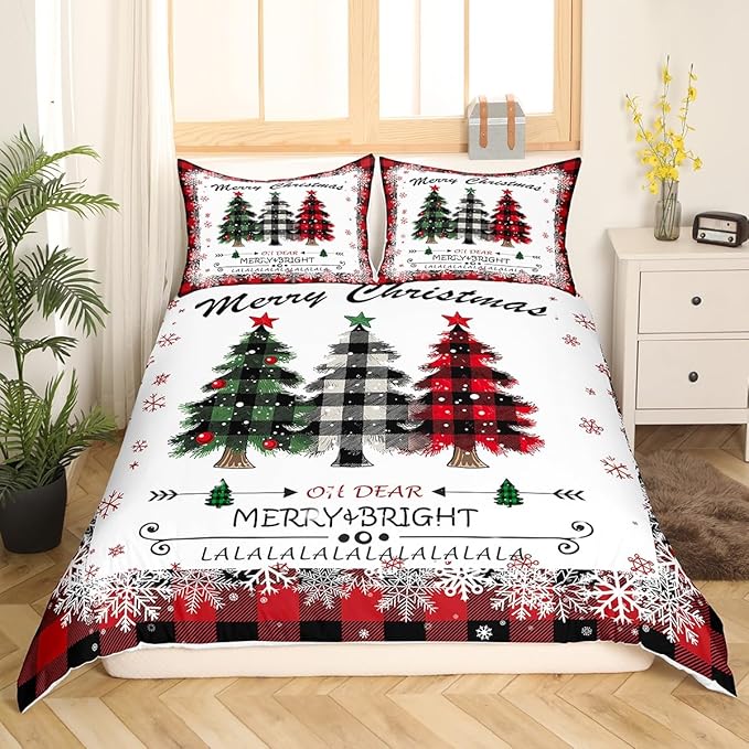 Manfei Xmas Tree Duvet Cover Set Twin Size, Merry Christmas Comforter Cover with 1 Pillowcase, New Year Theme Plaid Print Bedding Set 2pcs for Kids Boys Girls Bedroom Decor,No Comforter