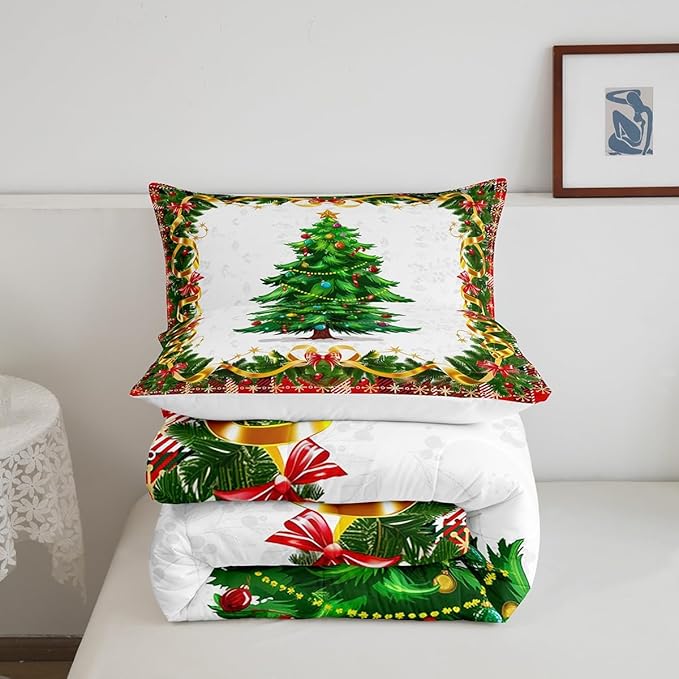 Christmas Tree Comforter Set Queen Size,Merry Christmas Bedding Set for Kids Boys Girls Room Decor,Snowflake Bowknot Green Pine Leaves Duvet Insert 3Pcs,Xmas Plaid Patchwork Quilt Set,2 Pillowcases