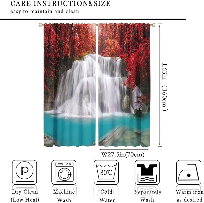 Red Forest Waterfall Blackout Windows Curtains, Tree Landscape Woodland Scenic Nature Fall Scenery Art Printed Curtains, for Living Room Bedroom 55x63in 2 Panels