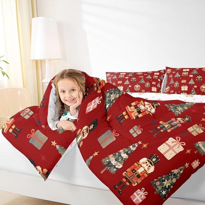 jejeloiu Xmas Nutcracker Comforter Set Twin Size Christmas Red Bedding Set for Kids Boys Girls Cute Snowflakes Duvet Quilt Bedroom Decor