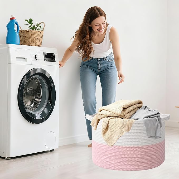 Large Blanket Basket for Organizing,115L Closet Organizers and Storage Bins Box for Shelves Woven Rope Storage Baskets,Living Room,Bedroom,Dorm,Laundry room (White&Pink)