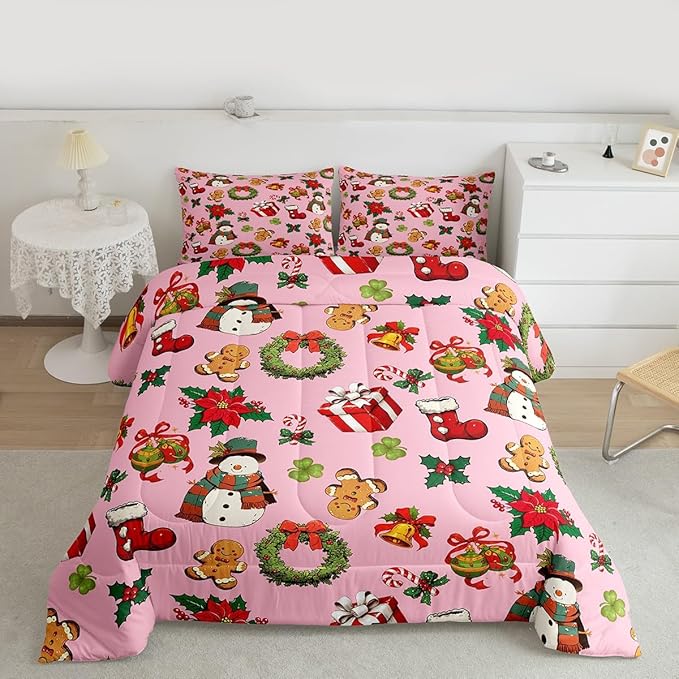 jejeloiu Merry Christmas Comforter Set Full Size Cute Snowman Bedding Set for Kids Boys Girls Gingerbread Man Duvet Quilt Pink Bedroom Decor