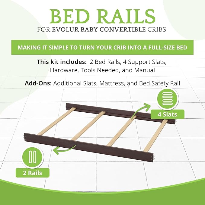 Full-Size Conversion Kit Bed Rails for Evolur Cribs - Solid Wood Crib Convertible Kit to Kids Bed - Transitional Style Rails & Easy-to-Install Child Essentials for Safety (Café Noir or Stone)