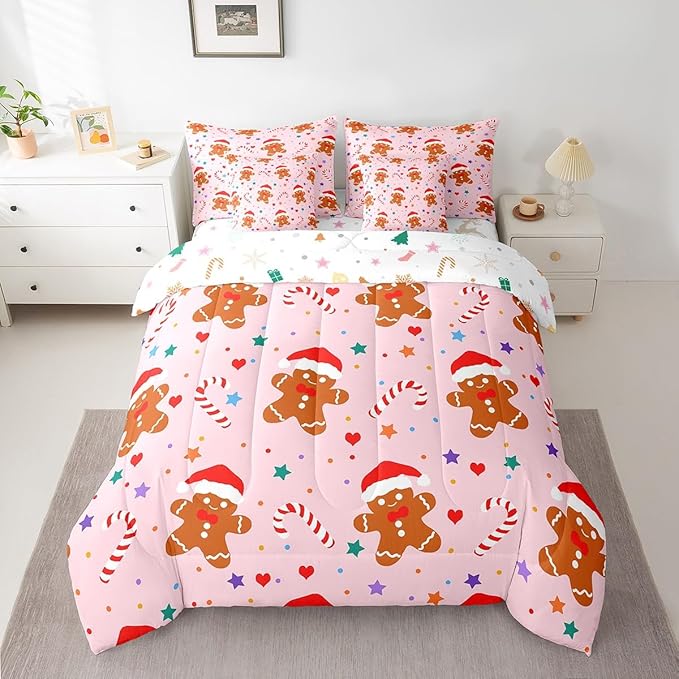 Feelyou Christmas Pink Bed in a Bag Cartoon Christmas Gingerbread Man Comforter Set with Sheets Xmas Theme Bedding Set for Kids Boys Girls Stars Candy Bed Set Decor King Size