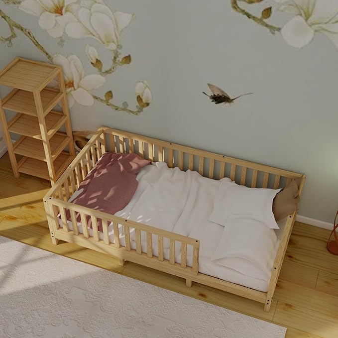 Montessori Floor Bed Designed with Open Front for Girls and Boys | Pine Wood Natural Solid Frame Beds Footed Model with Slats | Sturdy Designed Floor Bed Frame for Kids (Twin, Height : 23 Inches)