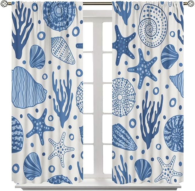 Coastal Nautical Curtains,Coral Starfish Seashell Beach Sea Starfish Seashell Theme Pattern Blackout Print Bedroom Living Room Window Treatmen 8 Panel Set 52x84 Inch