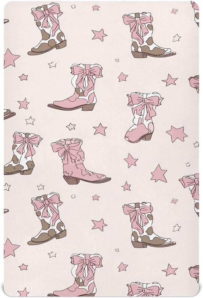 Crib Sheets for Boys Girl Coquette Bows Neutral Mini Crib Mattress Sheets Fitted, Cowgirl Boots Toddler Baby Sheets for Crib Mattress Soft & Breathable 39 * 27 * 5In