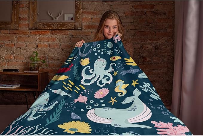 Thuswarm Cute Blue Sea Creatures Octopus Whale Flannel Blanket for Autumn Winter Gifts Warm Cozy Soft Funny Print Throw for Bed Couch Sofa 120”×90” Extra Large for Family