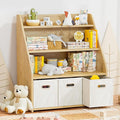 Kids Bookshelf and Toy Organizer, Wooden Kids Bookcase, Toddler Montessori Bookshelf with 3 Movable Drawers, Toy Storage Organizer for Child's Room, Living Room, Nursery