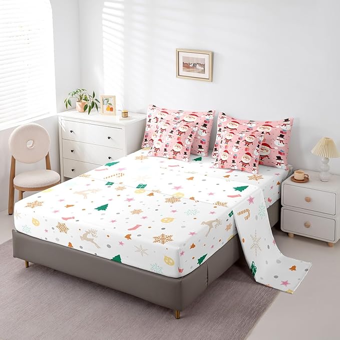 Feelyou Christmas Bed in a Bag Merry Christmas Snowman Comforter Set with Sheets for Kids Boys Girls Decor Santa Claus Bed Set Kawaii Pink Bedding Set Bedroom Collection Twin Size
