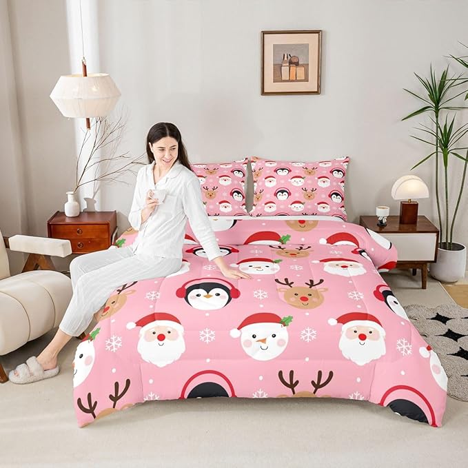 Feelyou Pink Christmas Comforter Set King Size Santa Claus Bedding Set for Kids Boys Girls Deer Penguin Duvet Quilt Snowman Bedroom Decor Microfiber 3 Pcs with 2 Pillow Cases