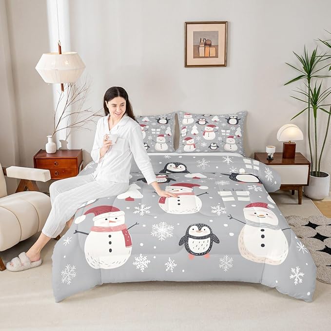 Feelyou Christmas Comforter Set Queen Size Snowman Snowflake Bedding Set for Kids Boys Girls Penguin Duvet Quilt New Year Gift Bedroom Decor Microfiber 3 Pcs with 2 Pillow Cases