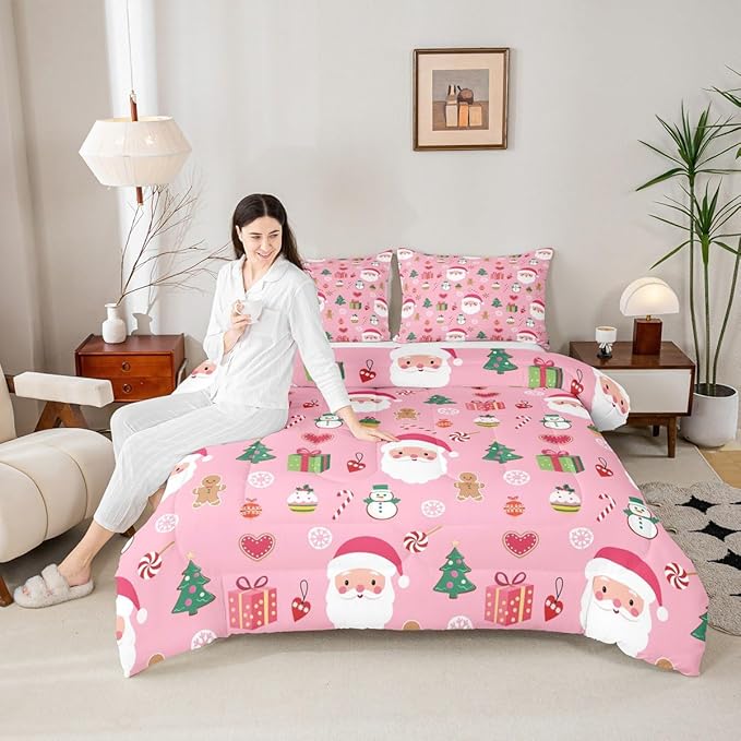 Feelyou Santa Claus Kids Comforter Set King Size Christmas Decor Bedding Set New Year Gift Duvet Quilt for Kids Boys Girls Bedroom Merry Christmas Decor Microfiber Ultra Soft Breathable
