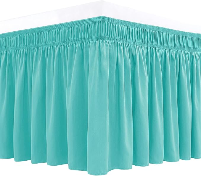 Biscaynebay Wrap Around Bed Skirts for Full & Full XL Beds with Short Drop of 12", Aqua Adjustable Elastic Dust Ruffles Easy Fit Wrinkle Resistant Silky Luxurious Fabric Machine Washable