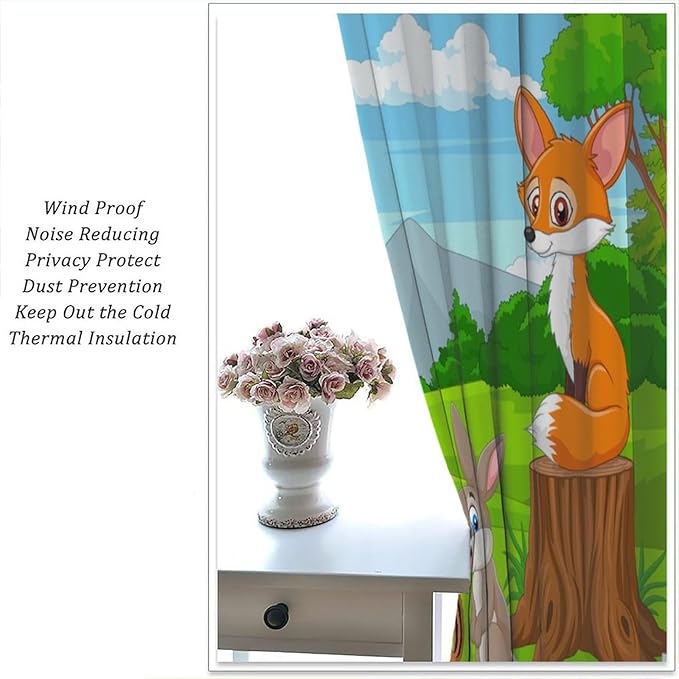Safari Animal Curtains for Kids Cartoon Woodland Wildlife Jungle Animals Window Treatments for Boys Girls Bedroom Cute Fox Forest Nursery Children Drapes for Living Room W42xL54