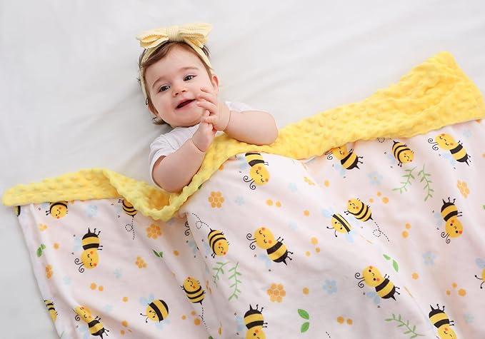 Bee Minky Blanket - Soft Double Layer Plush, Toddler to Newborn, Dotted Backing, Shower Gifts (30 X 40 inches)