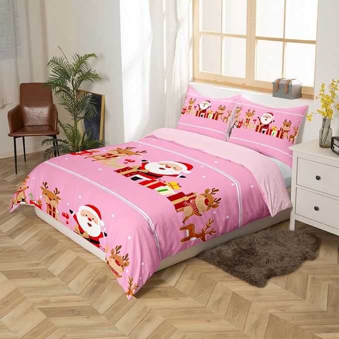 Christmas Bedding Duvet Cover Set Kids Cartoon Santa Claus Bedding Set Boys Girls Deer New Year Decor Comforter Cover Set Microfiber Gift Boxes Xmas Theme Bedspread Cover Bedroom Bedclothes Toddler