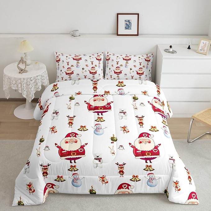 Feelyou Christmas Comforter Set Cute Snowman Santa Claus Kids Decorations Bedding Set Boys Girls Bear Rabbit Comforter Christmas Bells Design White Quilt Set with 1 Pillowcase 2Pcs Bedding Twin