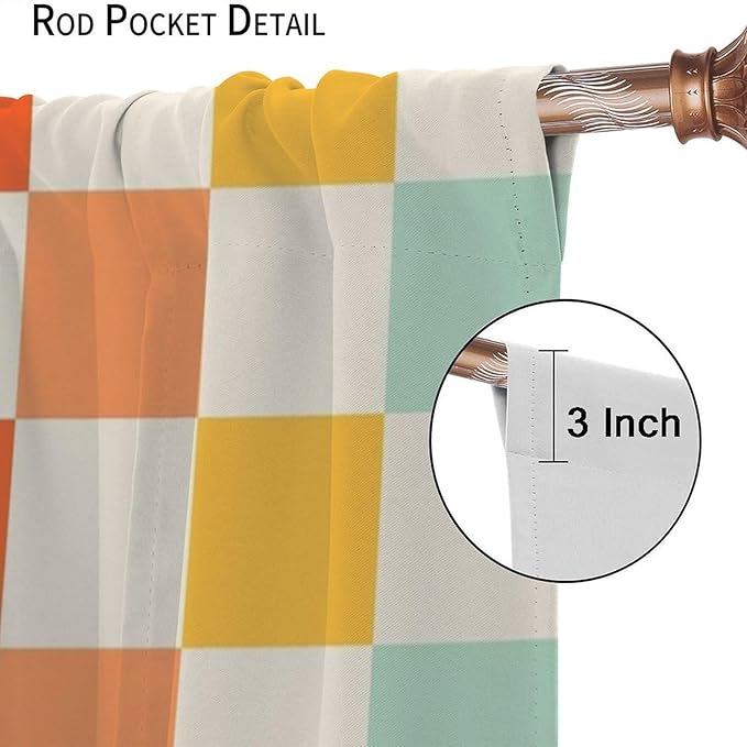 70s Retro Curtains,Cute Green Pink Yellow Checkered Hippie Window Treatments for Kids Girl Bedroom Window 42"" W X 54"" L, Style-7