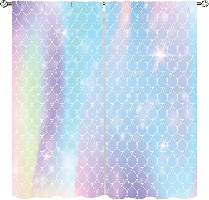 Mermaid Curtains, Kids Cartoon Watercolor Sea Animals Mermaid Princess Scales Pattern Print Living Room Decoration for Kids Girls Bedroom Nursery 42x63 Inch