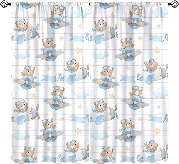 Cartoon Bear Curtains, Lovely Bear Adventure Airplane Blue White Stripe Blackout Window Treatments, Rod Pocket Thermal Insulated Drapes 2 Panel Sets for Kids Bedroom Nursery Classroom, 63"W X 63"L