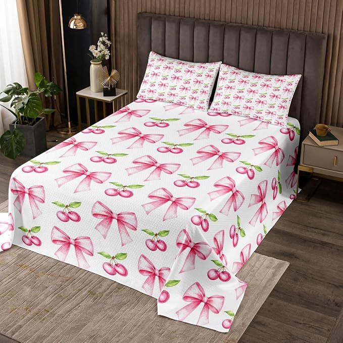 Pink Bowknot Kids Bedspread Queen Size,Cherry Tropical Fruit Cartoon Coverlet Set,Girls Women Room Decor,Bow Tie Butterfly Knot Princess Quilted Coverlet,Dreamy Fashion Bedding Quilt,2 Pillowcases