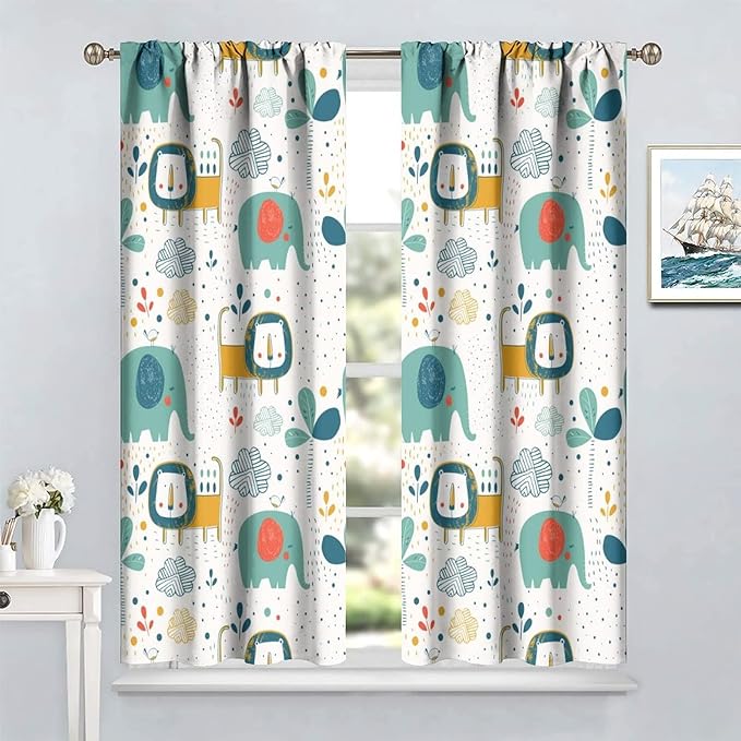 Cute Lions Blackout Curtains for Kids Bedroom,Cartoon Tropical Plants Birds Elephants Print Pattern Window Drapes,Funny Animal Thermal Insulation Curtain for Nursery Baby Room 63x63in