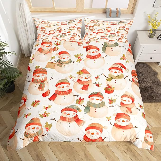 Manfei Cute Snowman Duvet Cover Set Queen Size, Christmas Theme Bedding Set for Kids Kids Girls Room Decor, Western New Year Comforter Cover, Lightweight Bedspread Cover, 2 Pillowcases, No Comforter