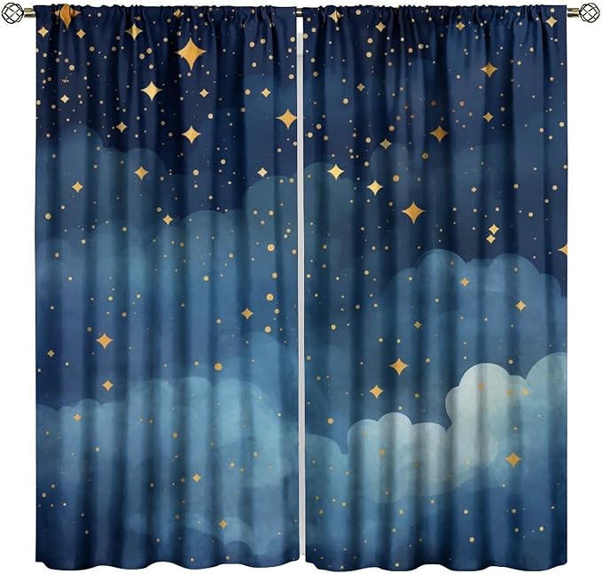 Night Sky Stars Curtain for Kids, Blue Starry Space Galaxy Pattern Window Treatments for Boys Girls Bedroom Toddlers Room Living Room 42" W X 45" L